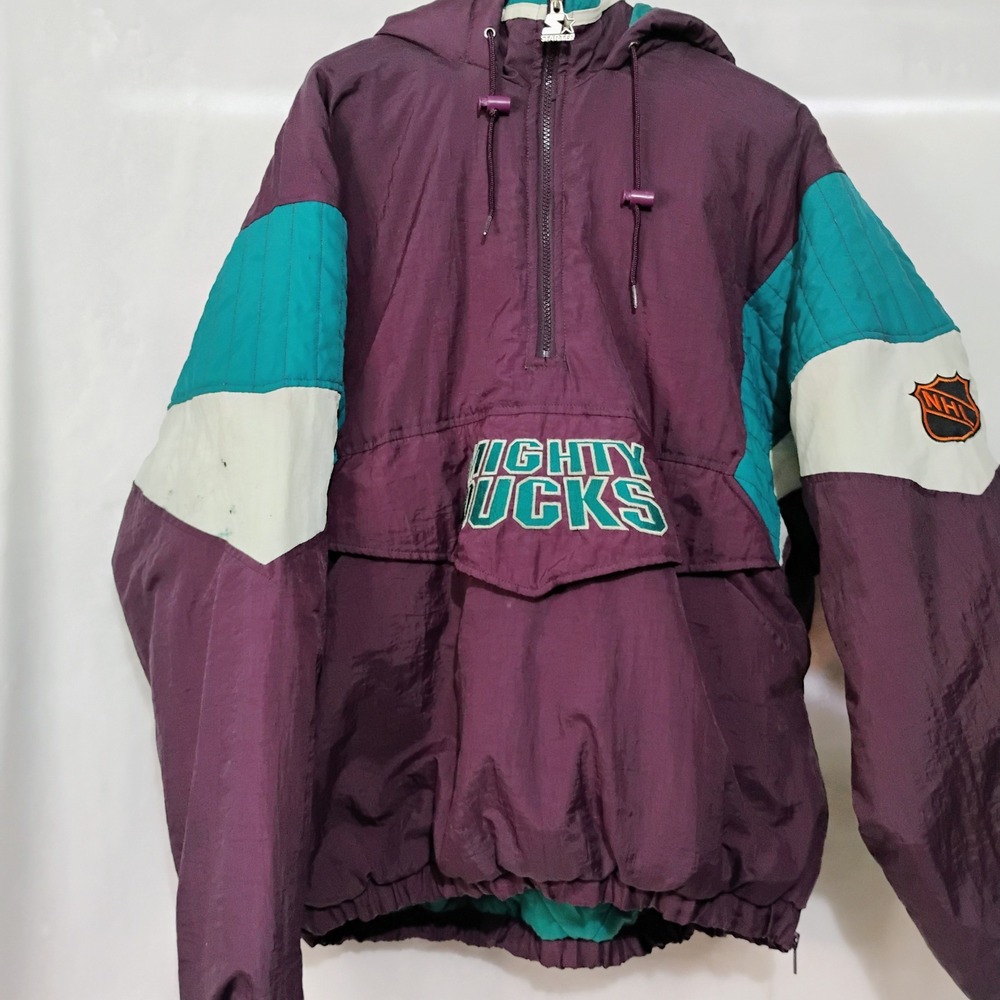 Vintage Starter NHL Mighty Ducks Anaheim Puffer Jacket Purple Teal Mens XL 90s